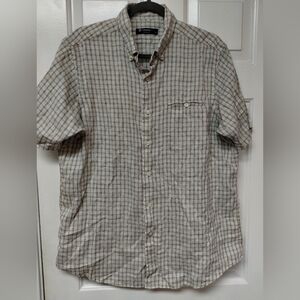 Cremieux Men's Short-Sleeve Plaid Button-Down Shirt - Beige & Gray.  Size L